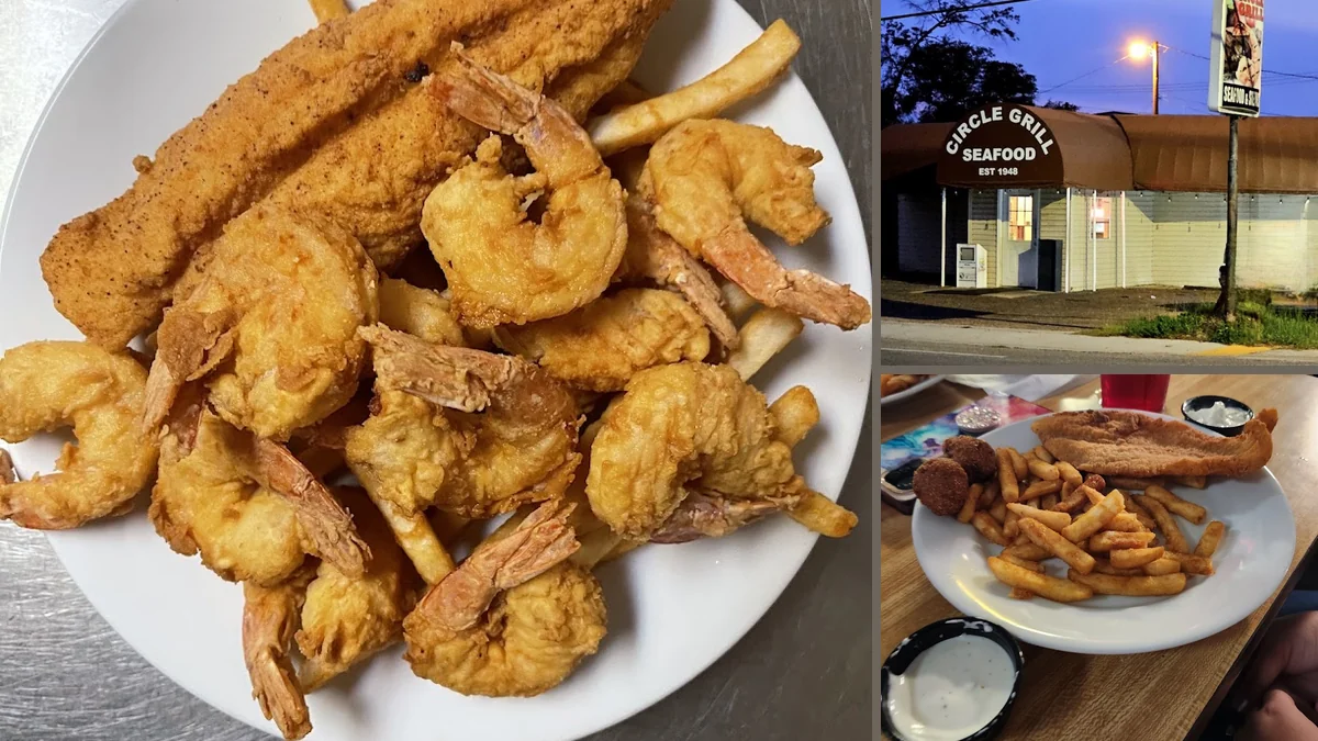 Plates of fried shrimp beside a salad bar.