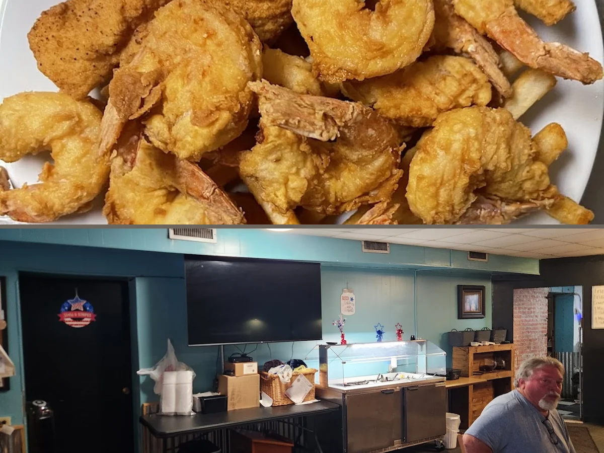 Golden onion rings and catfish served on white plates.
